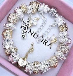 Authentic Pandora Silver Charm Bracelet with ANGEL LOVE Gold European Charms