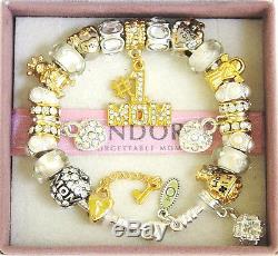 Authentic Pandora Sterling Silver Bracelet MOM MOTHER DAY Gold European Charms