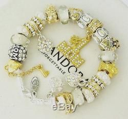 Authentic Pandora Sterling Silver Bracelet MOM MOTHER DAY Gold European Charms