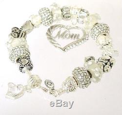 Authentic Pandora Sterling Silver Bracelet MOM White Mom Love European Charms