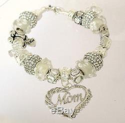Authentic Pandora Sterling Silver Bracelet MOM White Mom Love European Charms