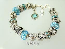 Authentic Pandora Sterling Silver Bracelet with Blue Heart Love European Charms