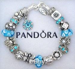 Authentic Pandora Sterling Silver Bracelet with Blue Heart Love European Charms