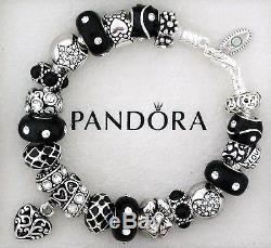 Authentic Pandora Sterling Silver Bracelet with Heart Love Black European Charms