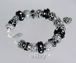 Authentic Pandora Sterling Silver Bracelet with Heart Love Black European Charms
