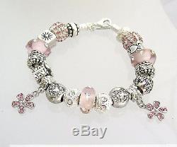 Authentic Pandora Sterling Silver Bracelet with Heart Love Pink European Charms