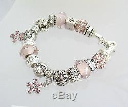 Authentic Pandora Sterling Silver Bracelet with Heart Love Pink European Charms
