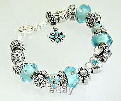 Authentic Pandora Sterling Silver Bracelet with Love Heart Aqua European Charms