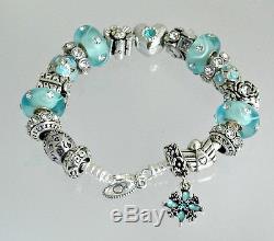 Authentic Pandora Sterling Silver Bracelet with Love Heart Aqua European Charms