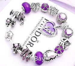 Authentic Pandora Sterling Silver Bracelet with Love Purple European Charms