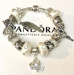 Authentic Pandora Sterling Silver Charm Bracelet With Love White European Charms