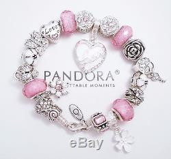 Authentic Pandora Sterling Silver Charm Bracelet With Pink Love European Charms