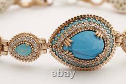Beautiful Turquoise & Diamond 14K Yellow Gold Over Women's Tennis 7.5 Bracelet