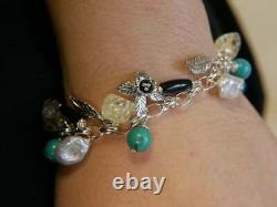 Charm Bracelet Pearl, Agate and Turquoise Gemstones Sterling Silver New 21cm