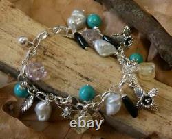 Charm Bracelet Pearl, Agate and Turquoise Gemstones Sterling Silver New 21cm