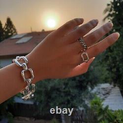 Chunky 925 Sterling Silver Chain Link Bracelet, Geometric Thick Chain Bangle