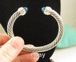 DAVID YURMAN 7 MM Sterling Silver Blue Topaz Diamond Classic Cable Cuff Bracelet