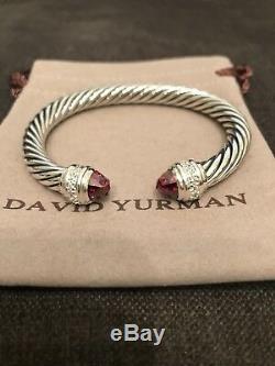 David Yurman 7mm Bracelet Sterling Silver Diamond Garnet Cable Classic Cuff