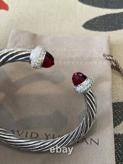 David Yurman 925 Silver Candy 7mm Garnet & Diamond Cuff Bracelet