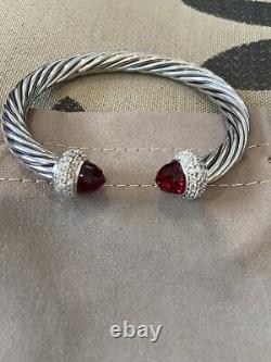 David Yurman 925 Silver Candy 7mm Garnet & Diamond Cuff Bracelet