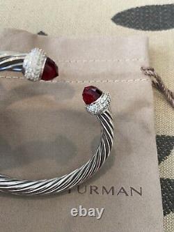 David Yurman 925 Silver Candy 7mm Garnet & Diamond Cuff Bracelet