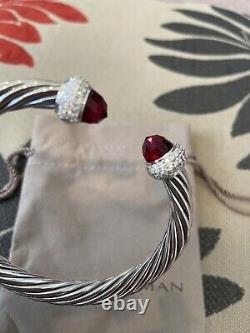 David Yurman 925 Silver Candy 7mm Garnet & Diamond Cuff Bracelet