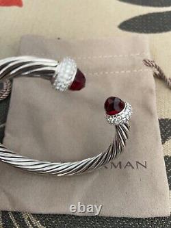 David Yurman 925 Silver Candy 7mm Garnet & Diamond Cuff Bracelet