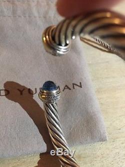 David Yurman Cable 14k Gold Sterling Silver 7mm Blue Topaz Cuff Bracelet Bangle