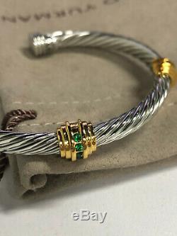 David Yurman Cable Cuff 925 Sterling Silver Bracelet 14k Gold 5mm green gemstone