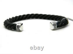 David Yurman Mens 6mm Cable Classics Black Leather and Silver Cuff Bracelet NWT