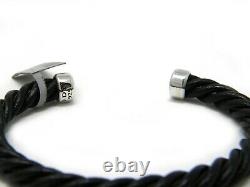 David Yurman Mens 6mm Cable Classics Black Leather and Silver Cuff Bracelet NWT