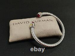 David Yurman Sterling Silver 14k Gold 5mm Red topaz Cable Bracelet