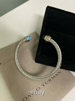 David Yurman Sterling Silver 14k Gold 5mm blue topaz Cable Bracelet