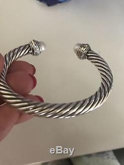 David Yurman Sterling Silver 14k Gold 7mm Pearl Cable Cuff Bracelet