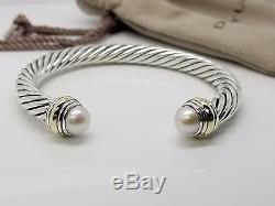David Yurman Sterling Silver 14k Gold 7mm Pearl Cable Cuff Bracelet with Pouch