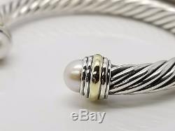 David Yurman Sterling Silver 14k Gold 7mm Pearl Cable Cuff Bracelet with Pouch
