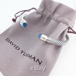 David Yurman Sterling Silver & 14k Gold Cable 5mm Blue Topaz Bangle Bracelet