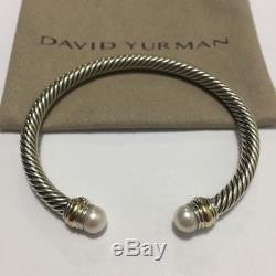 David Yurman Sterling Silver & 14k Gold Pearl 5mm Cable Cuff Bracelet