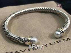David Yurman Sterling Silver & 14k Gold Pearl 5mm Cable Cuff Bracelet NWOT