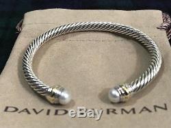 David Yurman Sterling Silver & 14k Gold Pearl 5mm Cable Cuff Bracelet NWOT $625