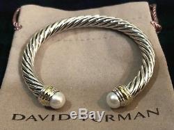 David Yurman Sterling Silver & 14k Gold & Pearl 7mm Cable Cuff Bracelet NWOT
