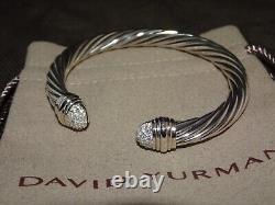 David Yurman Sterling Silver 7mm Cable Classic Diamonds Pave Tip Bracelet Sz M