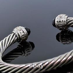 David Yurman Sterling Silver 7mm Diamond Black Onyx Cable Classic Cuff Bracelet