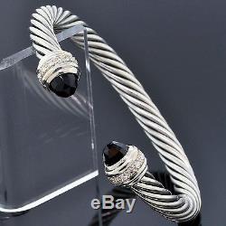 David Yurman Sterling Silver 7mm Diamond Black Onyx Cable Classic Cuff Bracelet