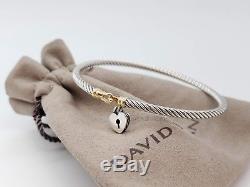 David Yurman Sterling Silver 925 3mm Cable with18k Gold Buckle Heart Bracelet