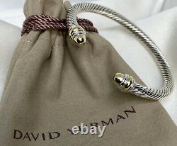 David Yurman Sterling Silver 925 5mm Cable Bangle Bracelet with 14k Gold Dome