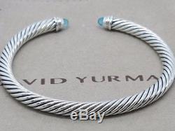 David Yurman Sterling Silver 925 5mm Cable Blue Topaz Diamonds Cuff Bracelet