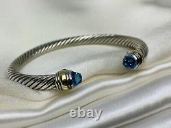 David Yurman Sterling Silver 925 5mm Cable Classic Blue Topaz Bracelet 14K Gold