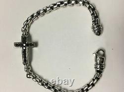 David Yurman Sterling Silver Black Diamond Men's Box Chain 5mm Cross Bracelet