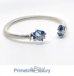 David Yurman Sterling Silver Blue Topaz Wrap Cable Bangle Bracelet